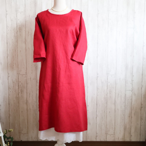 [M 到 6L 4 個尺寸] 新色紅色 100% 亞麻喇叭連身裙，整齊的 A 字型，也很正式，小訂單可以 第3張的照片