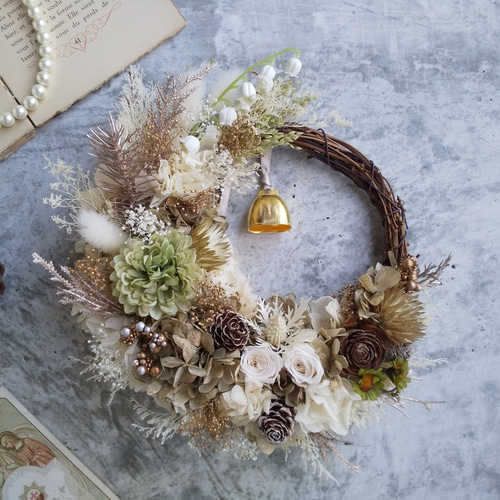 りゅばん✨☆フラワーリース✨☆№15✨☆アンティークフラワーリース Lune Bonheur＜olive antique＞＊クリスマスリース＊フラワーリース