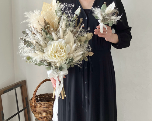 ブーケ　ブートニア　ヘッドパーツセット　結婚式　ウェディング用　ドライフラワー ウェディングブーケ、ブートニア、ヘッドドレス セット プリザと