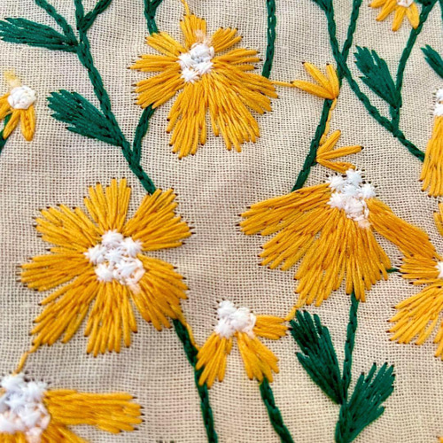 s3-hy▽コットンリネン刺繍生地▽ヒナギク柄 ホワイト イエロー s3-hy▽コットンリネン刺繍生地▽ヒナギク柄 ホワイト イエロー