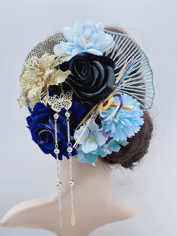 【豪華】 髪飾り 簪 成人式 卒業式 結婚式 和装 シルバー ゴールド 黒 青 水引 チュール 2枚目の画像