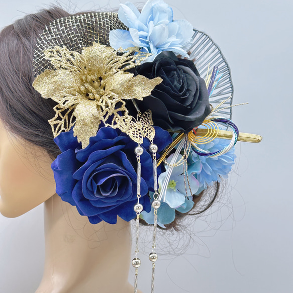 【豪華】 髪飾り 簪 成人式 卒業式 結婚式 和装 シルバー ゴールド 黒 青 水引 チュール 1枚目の画像