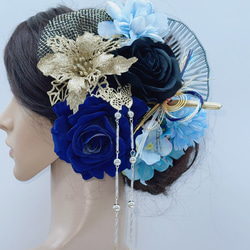 【豪華】 髪飾り 簪 成人式 卒業式 結婚式 和装 シルバー ゴールド 黒 青 水引 チュール 3枚目の画像