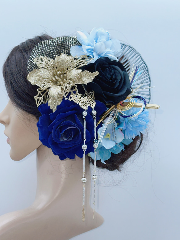 【豪華】 髪飾り 簪 成人式 卒業式 結婚式 和装 シルバー ゴールド 黒 青 水引 チュール 3枚目の画像