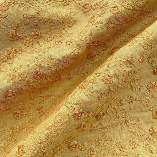 s2-y▽コットンリネン刺繍生地▽花柄 立体感 イエロー