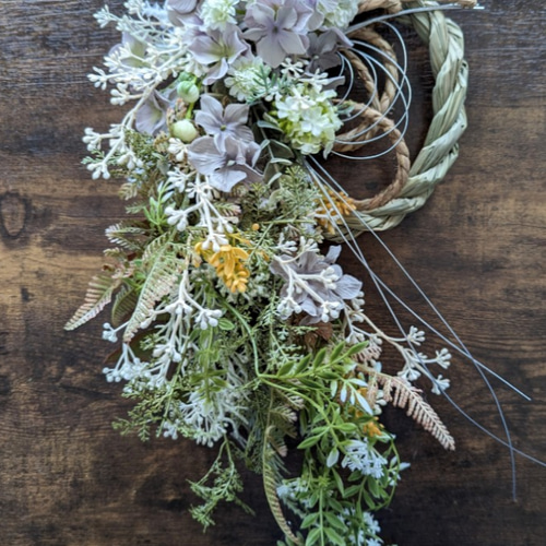 迎春2024 アジサイ&ナチュラルグリーン 正月飾り(フェイク) しめ縄