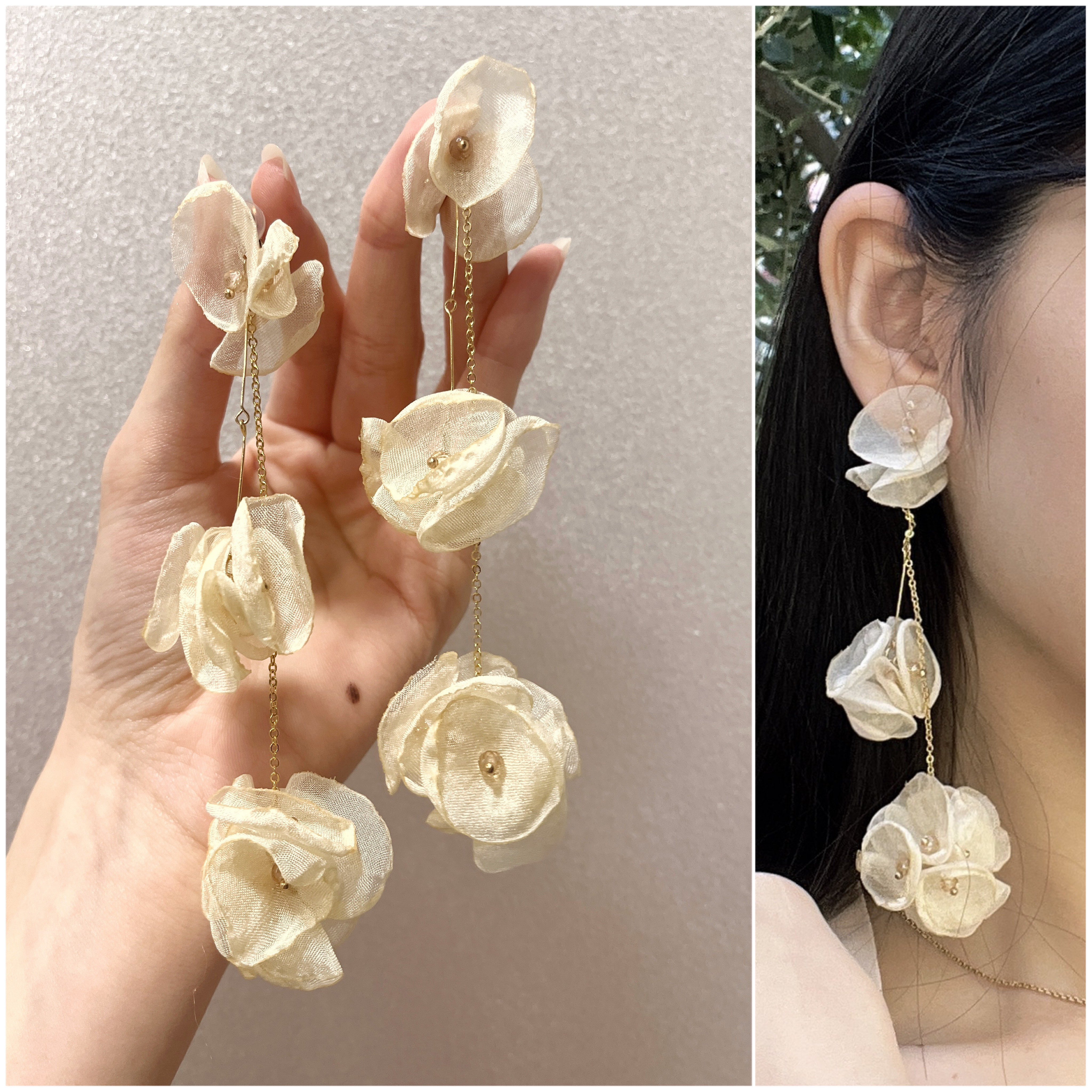 ハンドメイド イヤリング 大ぶり 1075 ピアス お花 シフォン ゴールド