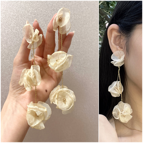花/フラワー/シフォン/ロング/イヤリング/ピアス/普段使い