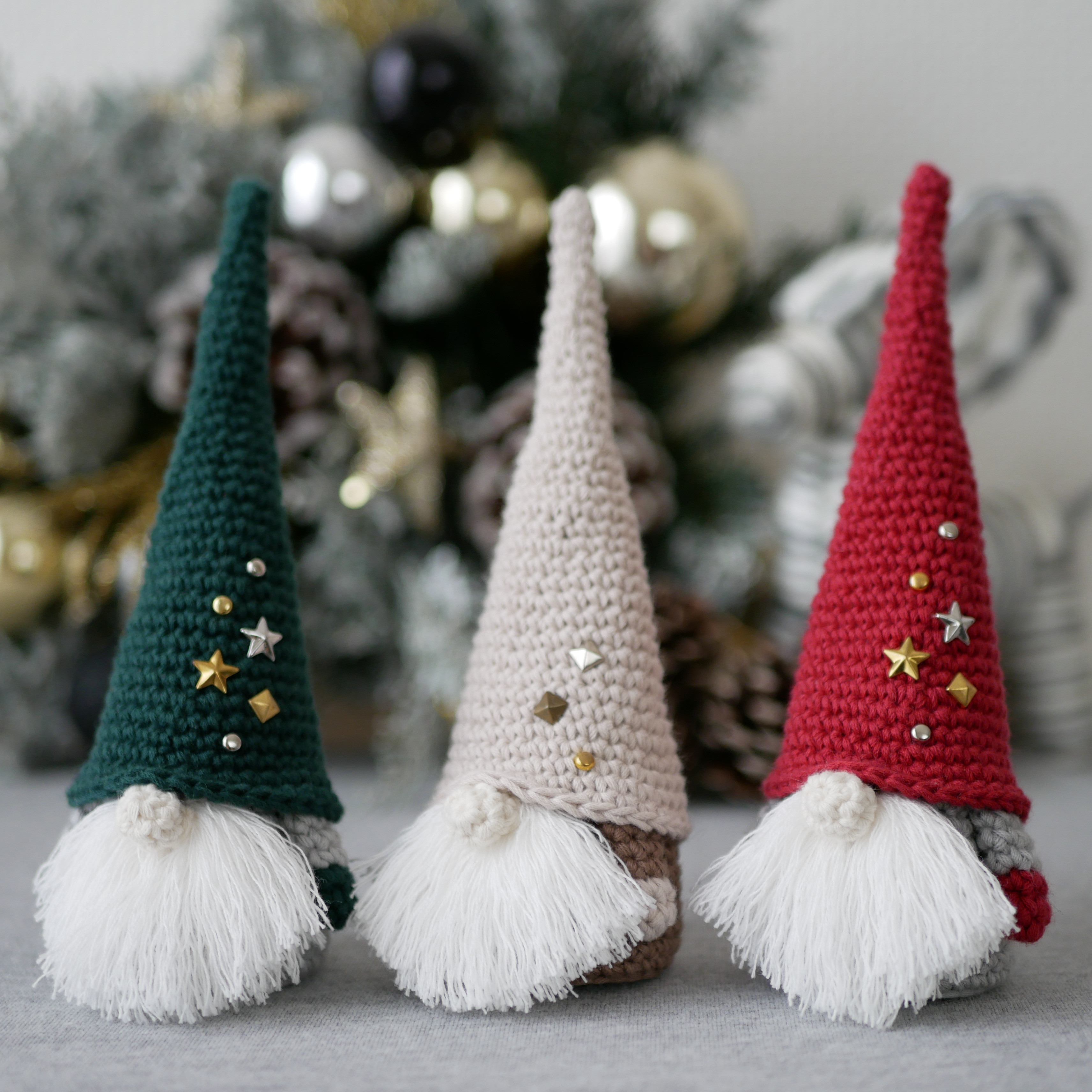 【Lサイズ3点セット】こびとの置物 ベージュ&レッド&グリーン / クリスマス飾り トムテ