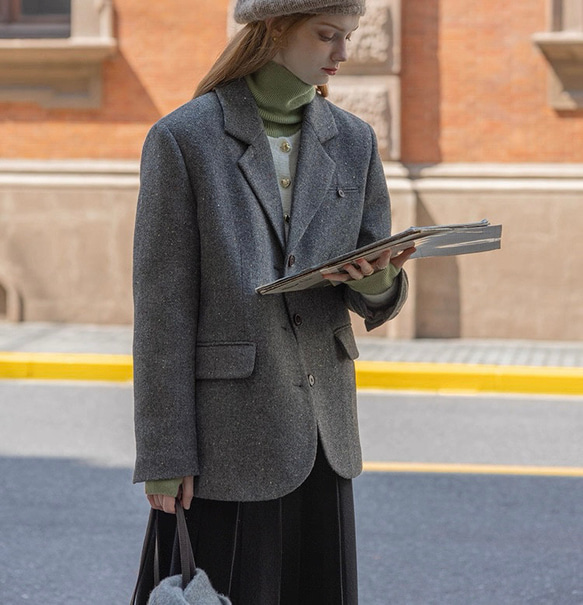 【再販】格好よく羽織る暖かいテーラードジャケットコート 裏地キルティング【冬春秋】グレー 13枚目の画像