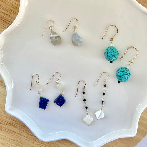 14kgf】ストライプブルーオパールの一粒ピアス ピアス（フック  