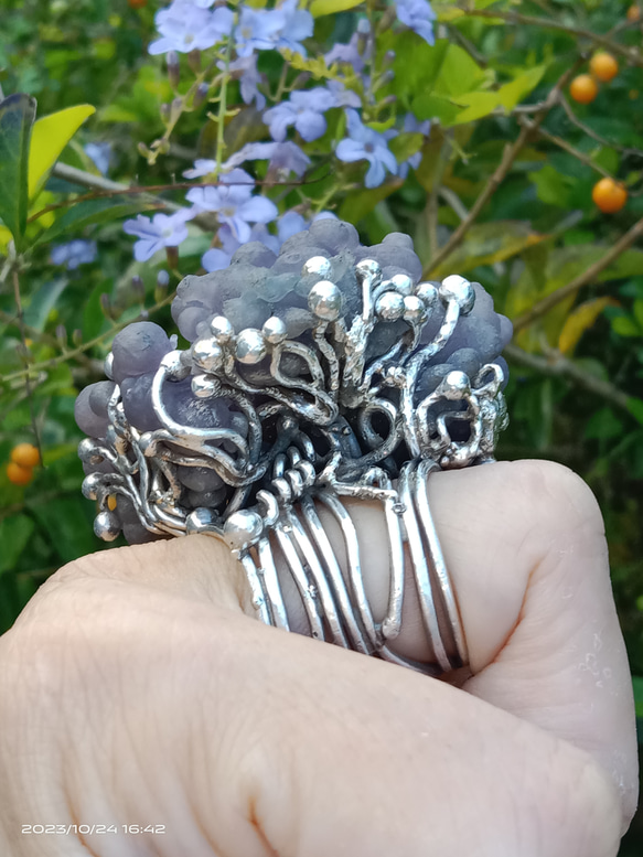 葡萄瑪瑙原礦手工銀戒 純銀戒指~ 「果」~ Grape Agate Silver Ring 第15張的照片