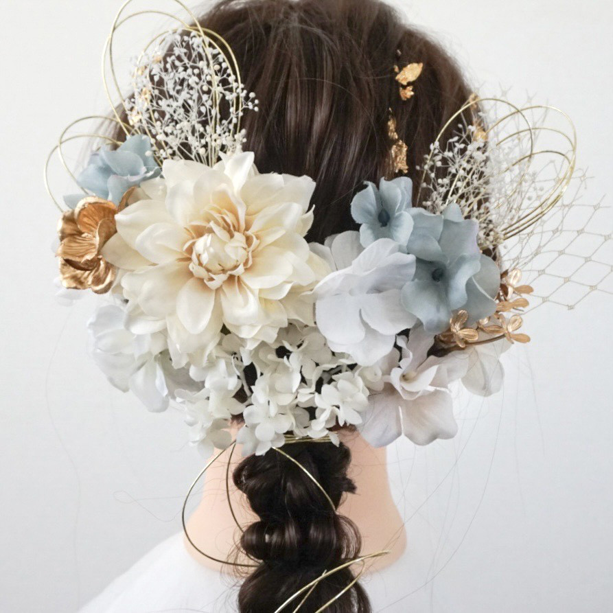 《送料無料》髪飾り/ヘッドドレス/成人式/卒業式/結婚式/金箔/水引/ゴールド/白/ダリア/水色/青/ボブ/ショート