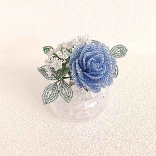 ビーズフラワー バラ (ガラス花瓶・青） アートフラワー pocre 通販
