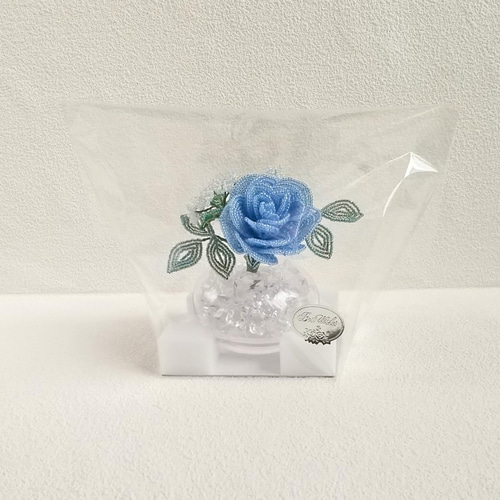 ビーズフラワー バラ (ガラス花瓶・青） アートフラワー pocre 通販