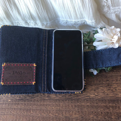 ビンテージデニムのリメイク・手帳型スマホケース ／ビーズとお花の刺繍・淡水パール／一点物・オンリーワン・メンズライク 11枚目の画像