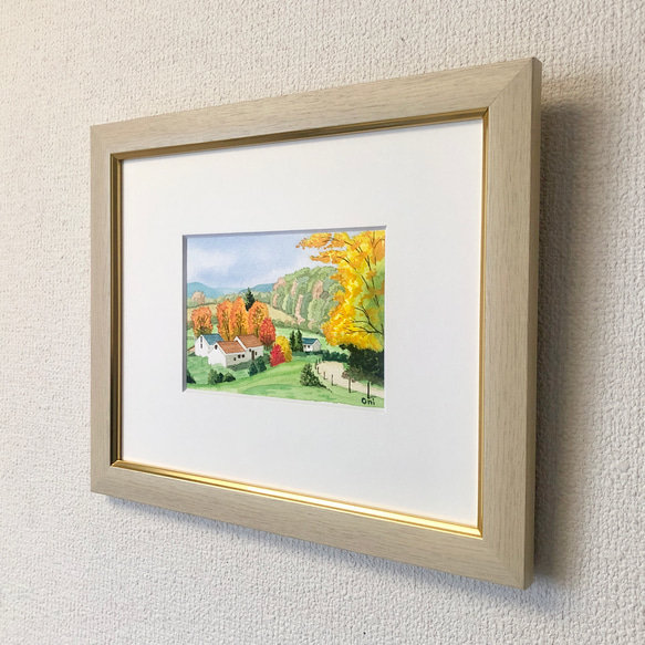 「田園の秋」透明水彩画　原画　風景画　額縁付　ハガキサイズ 3枚目の画像