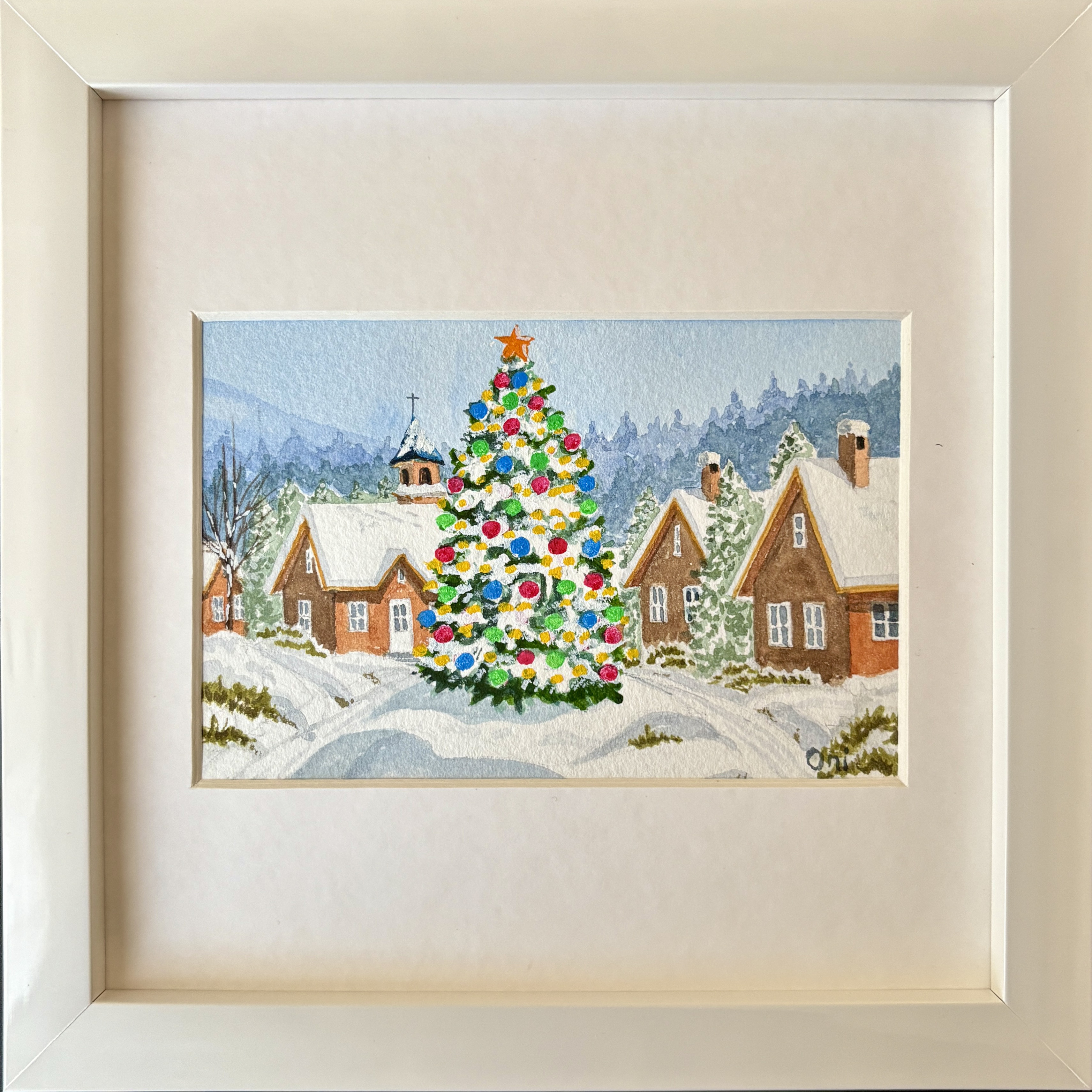 ホワイトクリスマス03」透明水彩画 原画 風景画 額縁付 ハガキサイズ