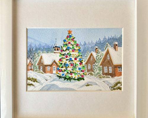 ホワイトクリスマス03」透明水彩画 原画 風景画 額縁付 ハガキサイズ