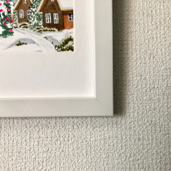 「ホワイトクリスマス03」透明水彩画　原画　風景画　額縁付　ハガキサイズ 6枚目の画像