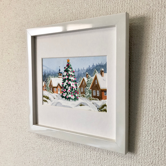 「ホワイトクリスマス03」透明水彩画　原画　風景画　額縁付　ハガキサイズ 5枚目の画像