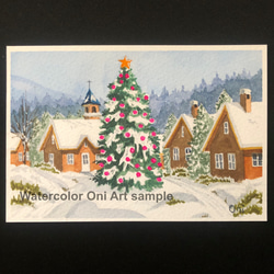 「ホワイトクリスマス03」透明水彩画　原画　風景画　額縁付　ハガキサイズ 3枚目の画像