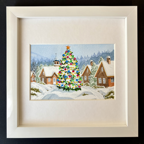 ホワイトクリスマス03」透明水彩画 原画 風景画 額縁付 ハガキサイズ