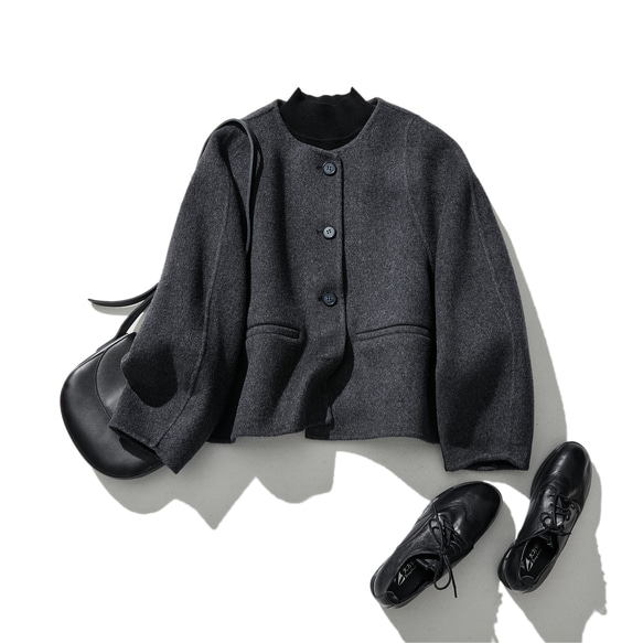 シーン選ばず使える大人のショートコート ウールコート ダークグレー