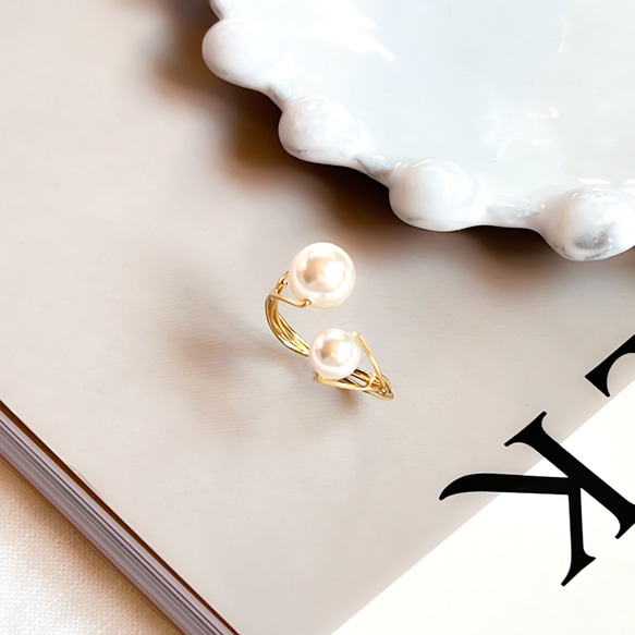 フォークリング❤️   K14gf Swarovski Pearl White Ring 1枚目の画像