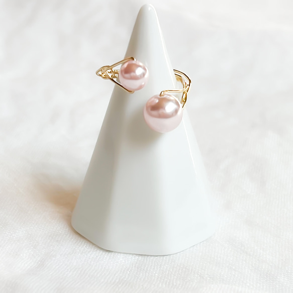 叉形戒指❤️ K14gf 施華洛世奇珍珠粉紅戒指 第4張的照片