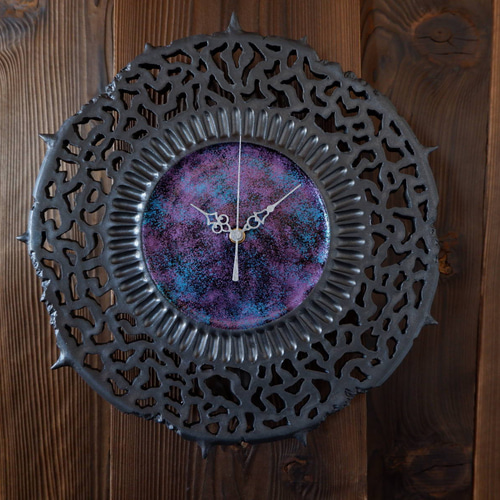 黒ゴシック漆塗り壁掛け時計青紫1 径31cm やちむん 沖縄 掛け時計
