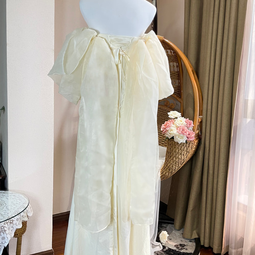 高品質！フランス風シルクタフタ生地オフショルダー ワンピース  