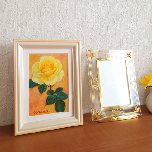 原画 額縁付き ポストカード 絵 絵画 薔薇 バラ 花 黄色
