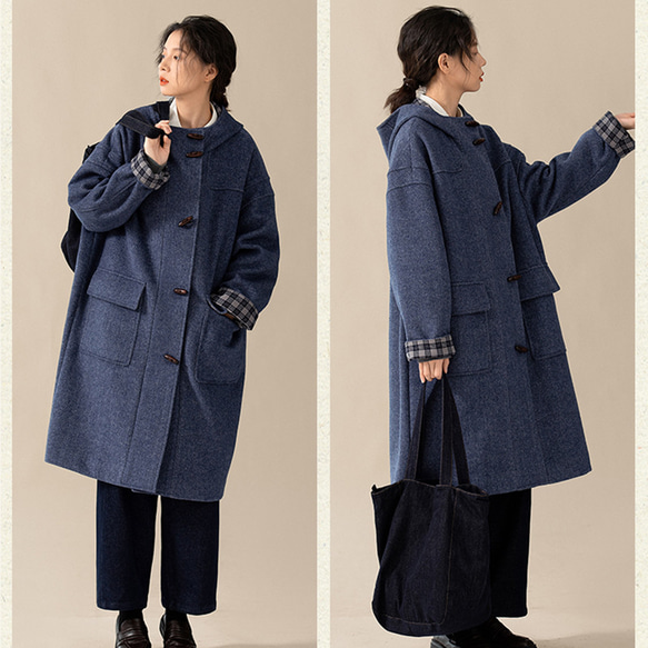 フード付きウール混紡ロングコート　ツイード生地コート　牛角ボタン　ブルー　S-Mサイズ　S109BU 11枚目の画像