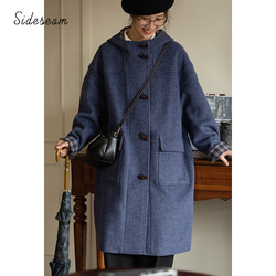 フード付きウール混紡ロングコート　ツイード生地コート　牛角ボタン　ブルー　S-Mサイズ　S109BU 1枚目の画像