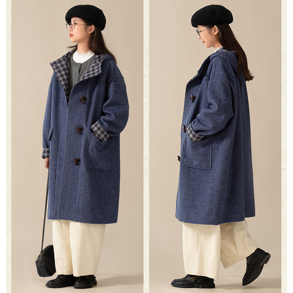 フード付きウール混紡ロングコート　ツイード生地コート　牛角ボタン　ブルー　S-Mサイズ　S109BU 8枚目の画像