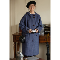 フード付きウール混紡ロングコート　ツイード生地コート　牛角ボタン　ブルー　S-Mサイズ　S109BU 6枚目の画像