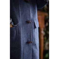 フード付きウール混紡ロングコート　ツイード生地コート　牛角ボタン　ブルー　S-Mサイズ　S109BU 5枚目の画像