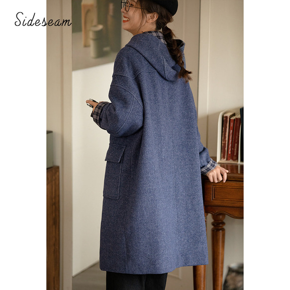 フード付きウール混紡ロングコート　ツイード生地コート　牛角ボタン　ブルー　S-Mサイズ　S109BU 2枚目の画像