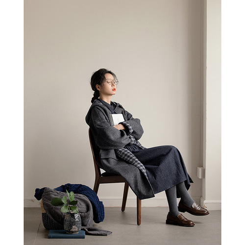 フード付きウール混紡ロングコート ツイード生地コート 牛角ボタン