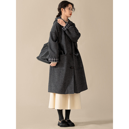 フード付きウール混紡ロングコート ツイード生地コート 牛角ボタン