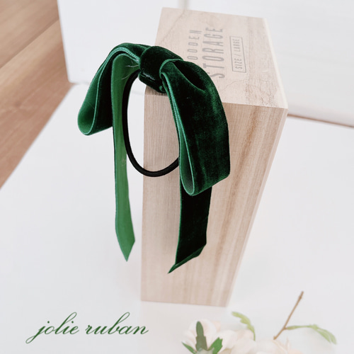 再販7】ダーク グリーン ベロア たらりん リボン ヘアゴム こども