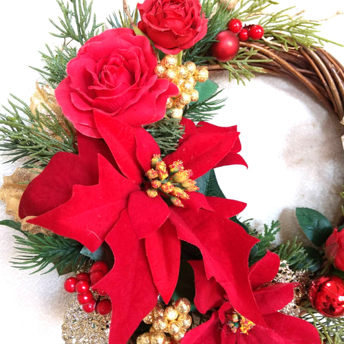 赤ポインセチアとキラキラベリーのクリスマスリース☆フラワーリース