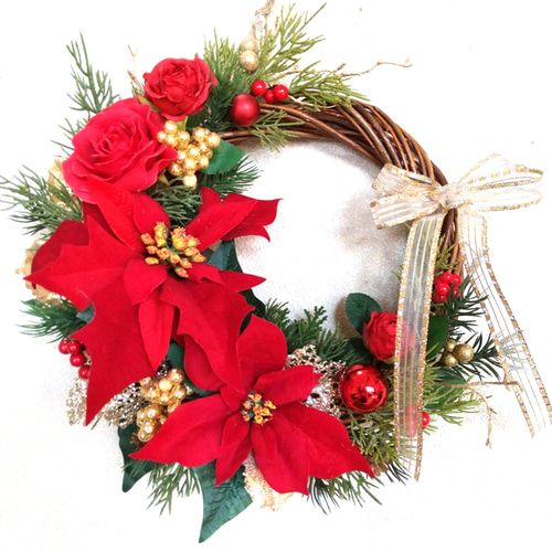 赤ポインセチアとキラキラベリーのクリスマスリース☆フラワーリース
