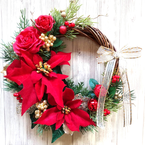 商品名【輝羅】みーこ❤ポインセチアのクリスマス フラワーリース✳玄関リース 商品名【輝羅】みーこ様専用❤ポインセチアのクリスマス フラワー