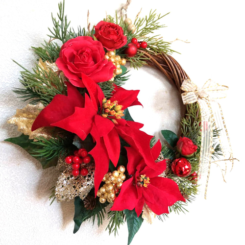 商品名【華音】ゆきこ❤ポインセチアとローズのクリスマスリース✳ 玄関リース ポインセチア×ローズのクリスマスリース＊フラワーリース＊玄関リース