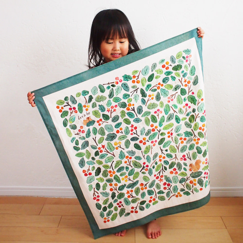 木の実とリスのタペストリー/コットンリネン(ミシン仕上げ）テーブル