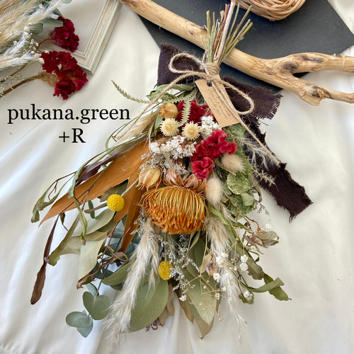 NEW/ドライアンドラ 赤ケイトウ ドライフラワースワッグ 秋冬