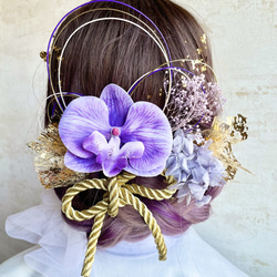 髪飾り(パープル) 水引 胡蝶蘭 金箔 紫陽花 4枚目の画像