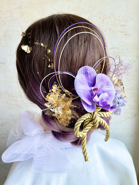 髪飾り(パープル) 水引 胡蝶蘭 金箔 紫陽花 3枚目の画像
